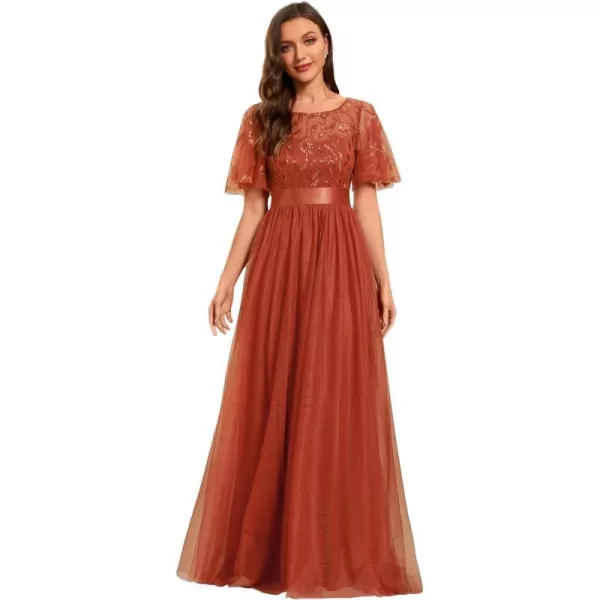 EverPretty Womens Crew Neck ALine Evening Cocktail Long Dress Ruffle Sleeve High Waist Beaded Bridesmaid Dresses 0904USABurnt Orange