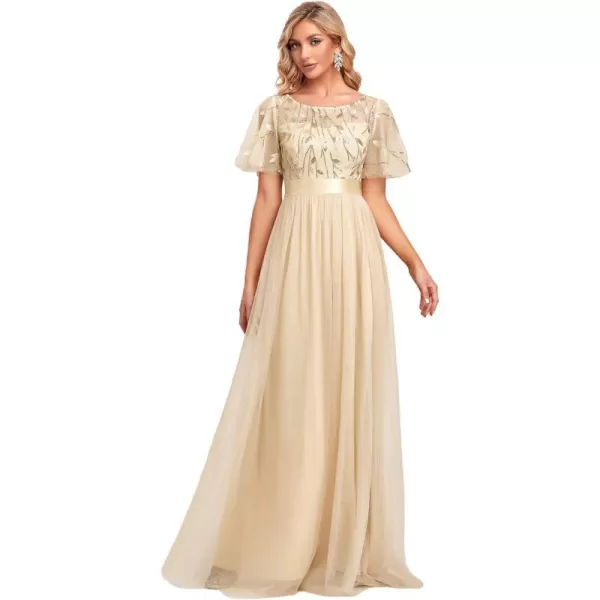 EverPretty Womens Crew Neck ALine Evening Cocktail Long Dress Ruffle Sleeve High Waist Beaded Bridesmaid Dresses 0904USAChampagne