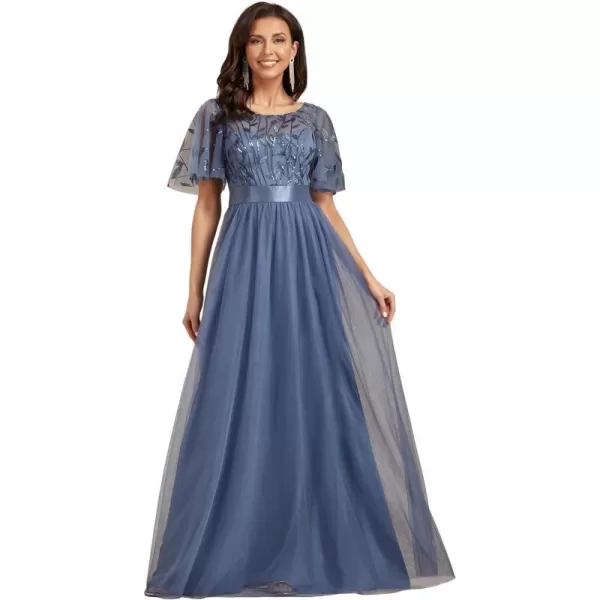 EverPretty Womens Crew Neck ALine Evening Cocktail Long Dress Ruffle Sleeve High Waist Beaded Bridesmaid Dresses 0904USAHaze Blue