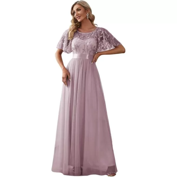 EverPretty Womens Crew Neck ALine Evening Cocktail Long Dress Ruffle Sleeve High Waist Beaded Bridesmaid Dresses 0904USALilac