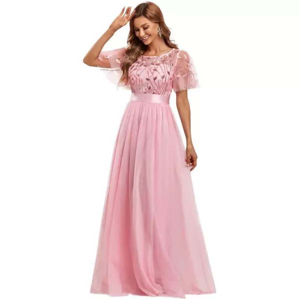 EverPretty Womens Crew Neck ALine Evening Cocktail Long Dress Ruffle Sleeve High Waist Beaded Bridesmaid Dresses 0904USAPink