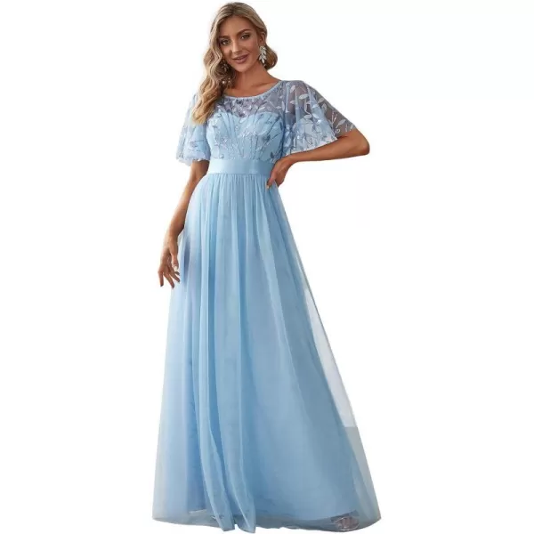 EverPretty Womens Crew Neck ALine Evening Cocktail Long Dress Ruffle Sleeve High Waist Beaded Bridesmaid Dresses 0904USASky Blue