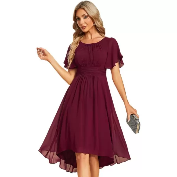 EverPretty Womens Crew Neck Pleated Waist Short Sleeve Wedding Guest Dress Chiffon Bridesmaid Dresses 02053Burgundy