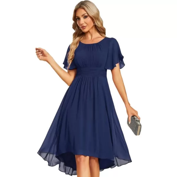 EverPretty Womens Crew Neck Pleated Waist Short Sleeve Wedding Guest Dress Chiffon Bridesmaid Dresses 02053Navy Blue