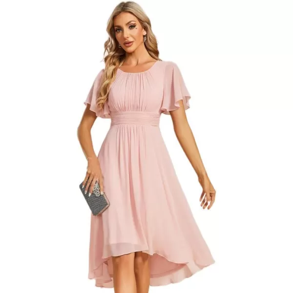 EverPretty Womens Crew Neck Pleated Waist Short Sleeve Wedding Guest Dress Chiffon Bridesmaid Dresses 02053Pink