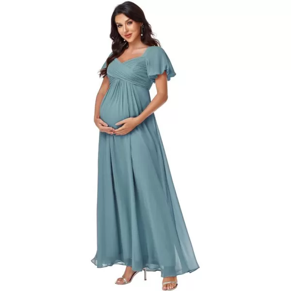 EverPretty Womens Double V Neck Short Sleeve Pleated A Line Chiffon Maternity Casual Dress 01565EYDusty Blue