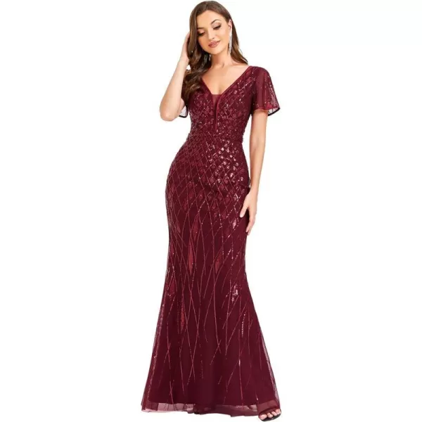 EverPretty Womens Double VNeck Short Sleeves Illusion Mermaid Glitter Maxi Evening Dresses 01398Burgundy