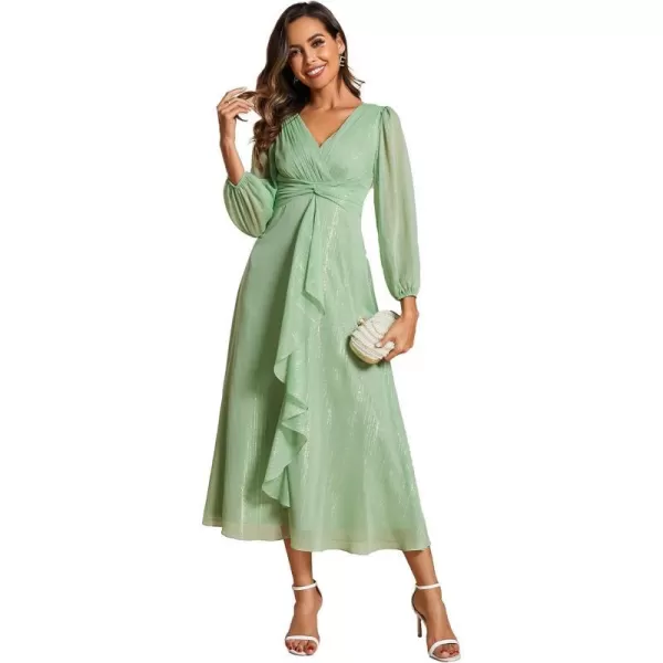 EverPretty Womens Elegant A Line Ruched V Neck Long Sleeves TeaLength Fall Wedding Guest Dresses 01977Summer Green