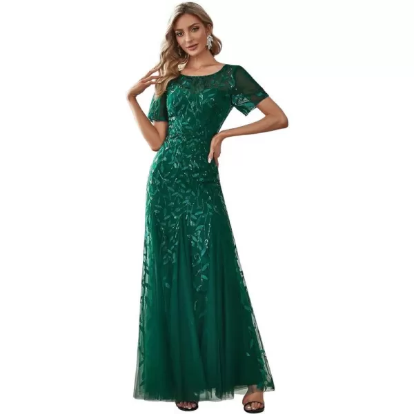 EverPretty Womens Elegant Illusion Short Sleeve Crew Neck Sequin Embroidery Mermaid Evening Dresses 07707Dark Green