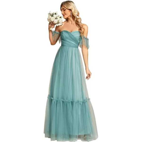 EverPretty Womens Formal Dress Sweetheart OffShoulder Ruched Tulle Maxi Bridesmaid Dresses 50126Dusty Blue