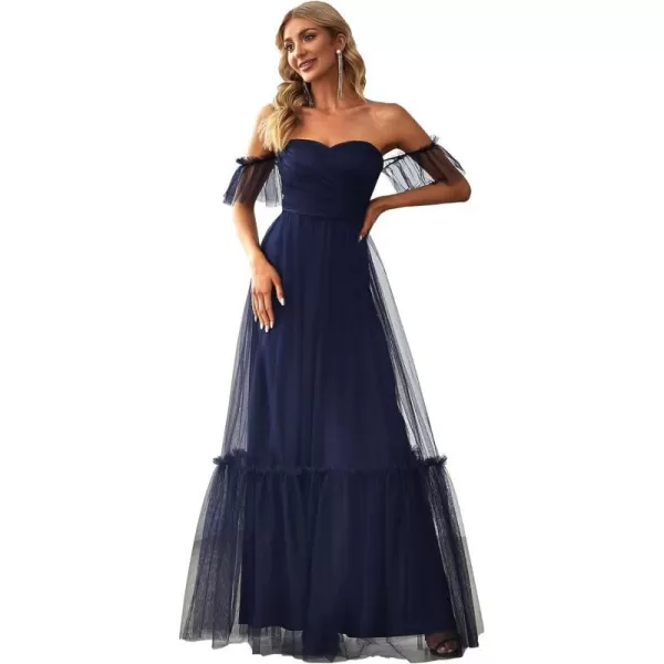 EverPretty Womens Formal Dress Sweetheart OffShoulder Ruched Tulle Maxi Bridesmaid Dresses 50126Navy Blue