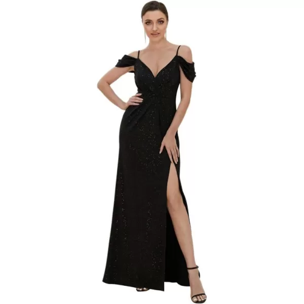 EverPretty Womens Long Side Slit Glitter Off Shoulder VNeck Spaghetti Straps Evening Gowns 50088Black