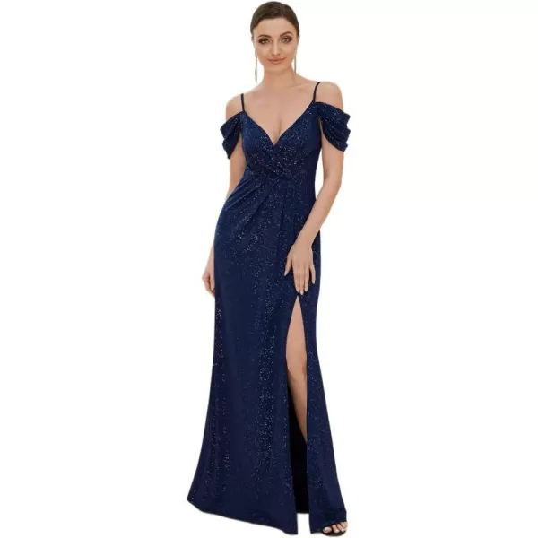 EverPretty Womens Long Side Slit Glitter Off Shoulder VNeck Spaghetti Straps Evening Gowns 50088Navy Blue