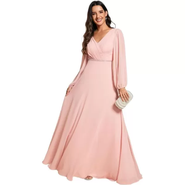 EverPretty Womens Long Sleeve V Neck Empire Waist A Line Beading Maxi Formal Dresses Bridemaid Dress 01981Pink