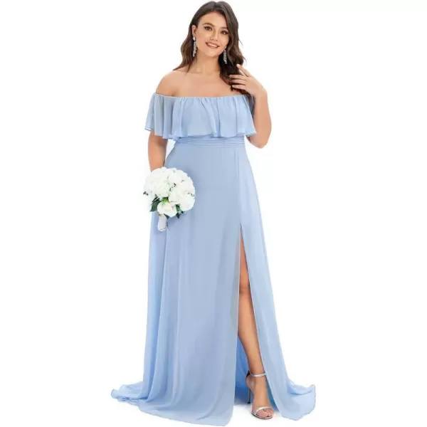 EverPretty Womens Plus Size Off Shoulder Ruffle Sleeves Side Split Chiffon Floor Length Formal Dress 0968PZUSABlue