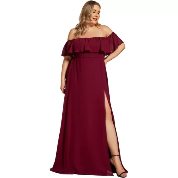 EverPretty Womens Plus Size Off Shoulder Ruffle Sleeves Side Split Chiffon Floor Length Formal Dress 0968PZUSABurgundy