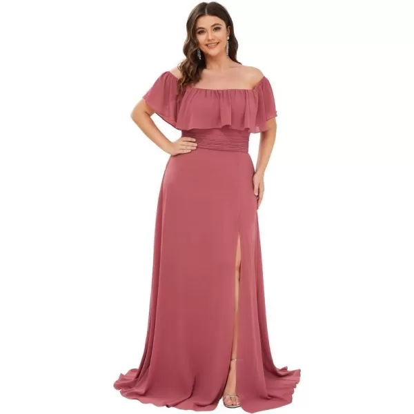 EverPretty Womens Plus Size Off Shoulder Ruffle Sleeves Side Split Chiffon Floor Length Formal Dress 0968PZUSACame Brown