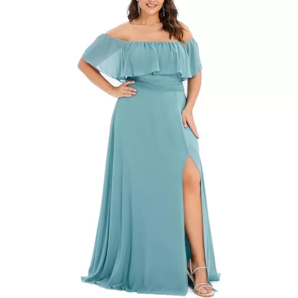 EverPretty Womens Plus Size Off Shoulder Ruffle Sleeves Side Split Chiffon Floor Length Formal Dress 0968PZUSADusty Blue