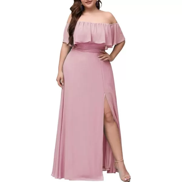 EverPretty Womens Plus Size Off Shoulder Ruffle Sleeves Side Split Chiffon Floor Length Formal Dress 0968PZUSADusty Pink