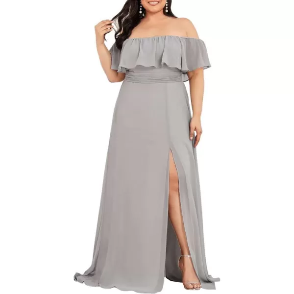 EverPretty Womens Plus Size Off Shoulder Ruffle Sleeves Side Split Chiffon Floor Length Formal Dress 0968PZUSAGray