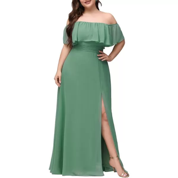 EverPretty Womens Plus Size Off Shoulder Ruffle Sleeves Side Split Chiffon Floor Length Formal Dress 0968PZUSAGreen