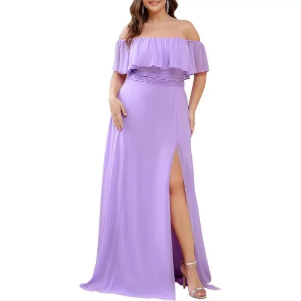 EverPretty Womens Plus Size Off Shoulder Ruffle Sleeves Side Split Chiffon Floor Length Formal Dress 0968PZUSALavender