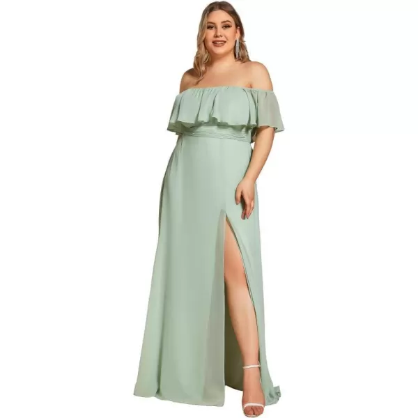 EverPretty Womens Plus Size Off Shoulder Ruffle Sleeves Side Split Chiffon Floor Length Formal Dress 0968PZUSAMint Green