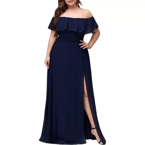 EverPretty Womens Plus Size Off Shoulder Ruffle Sleeves Side Split Chiffon Floor Length Formal Dress 0968PZUSANavy