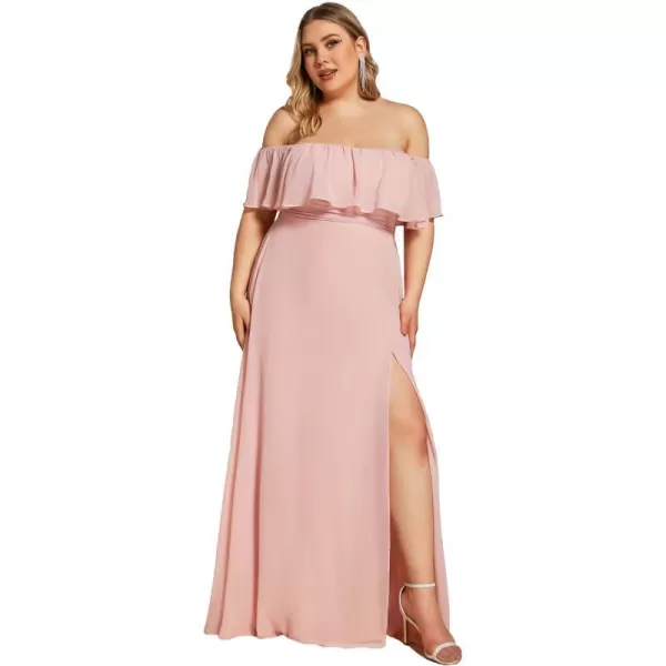 EverPretty Womens Plus Size Off Shoulder Ruffle Sleeves Side Split Chiffon Floor Length Formal Dress 0968PZUSAPink