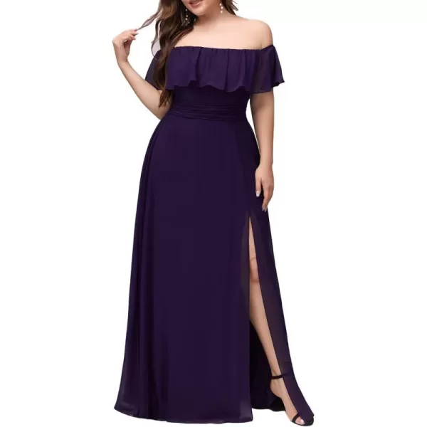 EverPretty Womens Plus Size Off Shoulder Ruffle Sleeves Side Split Chiffon Floor Length Formal Dress 0968PZUSAPurple