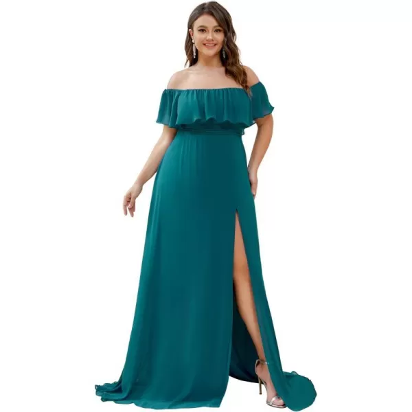 EverPretty Womens Plus Size Off Shoulder Ruffle Sleeves Side Split Chiffon Floor Length Formal Dress 0968PZUSATeal