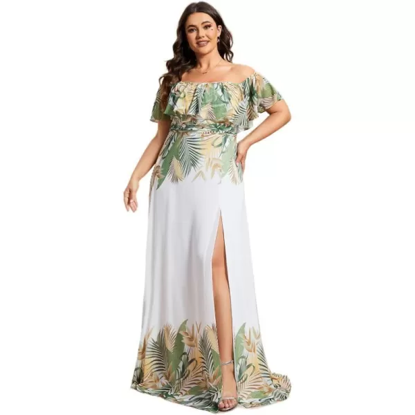 EverPretty Womens Plus Size Off Shoulder Ruffle Sleeves Side Split Chiffon Floor Length Formal Dress 0968PZUSAWhite Green