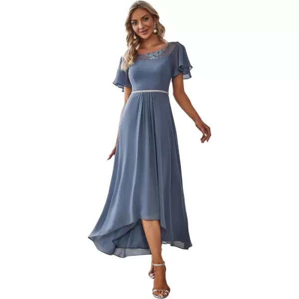 EverPretty Womens Ruffles Sleeve Bridesmaid Dress High Low Beaded Chiffon Midi Mother of The Bride Dresses 00465Dusty Blue