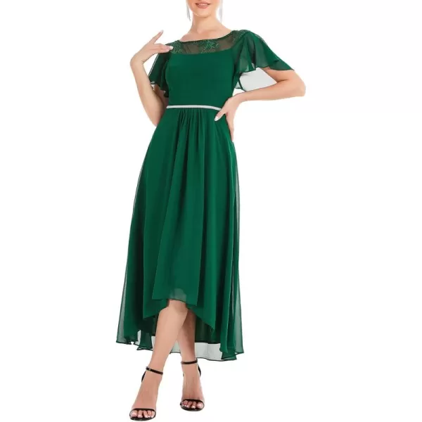 EverPretty Womens Ruffles Sleeve Bridesmaid Dress High Low Beaded Chiffon Midi Mother of The Bride Dresses 00465Green