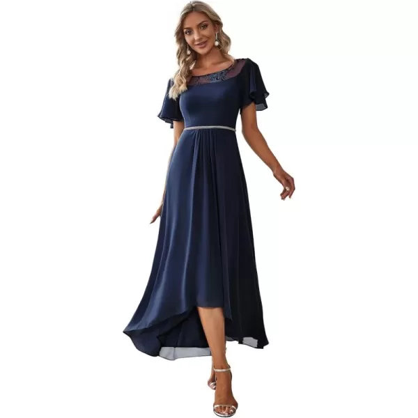 EverPretty Womens Ruffles Sleeve Bridesmaid Dress High Low Beaded Chiffon Midi Mother of The Bride Dresses 00465Navy Blue