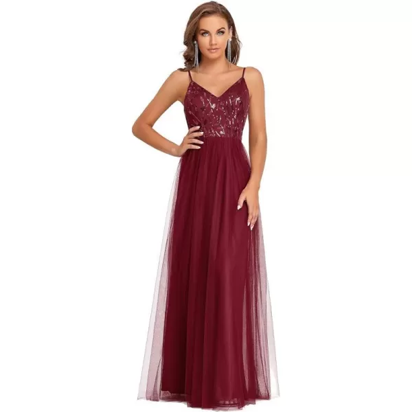 EverPretty Womens Sleeveless V Neck Sequin Embroidery Tulle Long Wedding Party Evening Dress 50090Burgundy