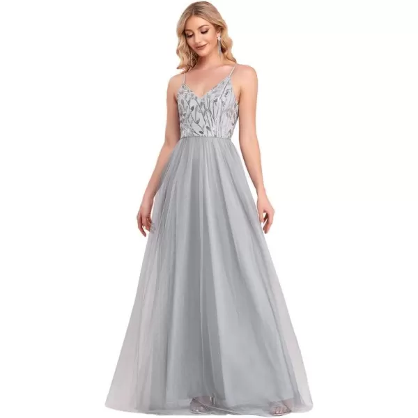 EverPretty Womens Sleeveless V Neck Sequin Embroidery Tulle Long Wedding Party Evening Dress 50090Grey