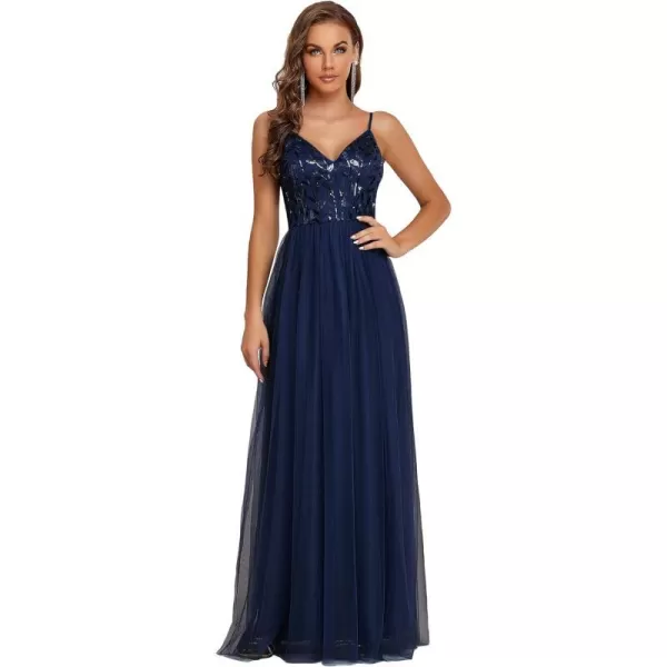 EverPretty Womens Sleeveless V Neck Sequin Embroidery Tulle Long Wedding Party Evening Dress 50090Navy