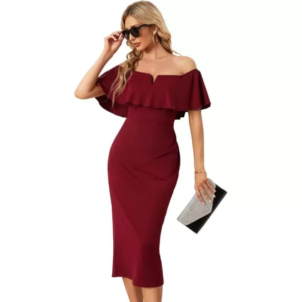 EverPretty Womens Strapless Ruffle Sleeves Bodycon Summer Midi Wedding Guest Dresses 01763Burgundy