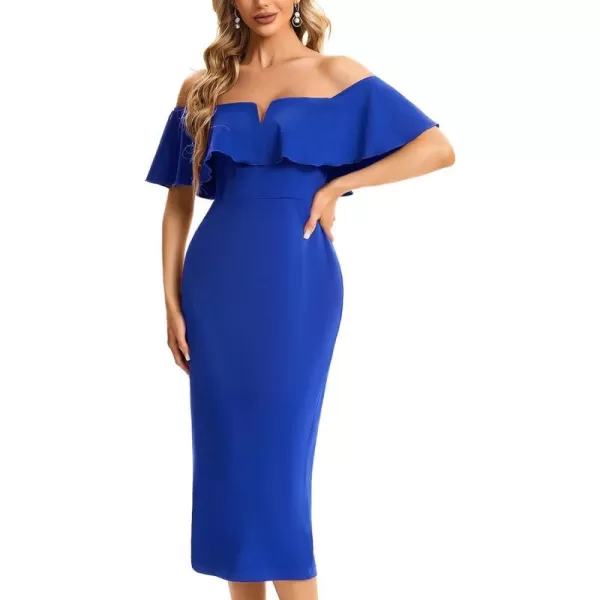 EverPretty Womens Strapless Ruffle Sleeves Bodycon Summer Midi Wedding Guest Dresses 01763Sapphire Blue