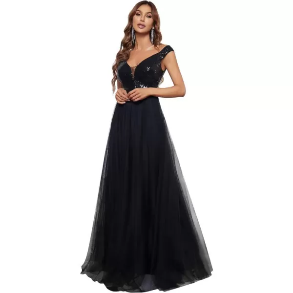 EverPretty Womens V Neck Sequin Tulle A Line Evening Formal Dress 0277Black