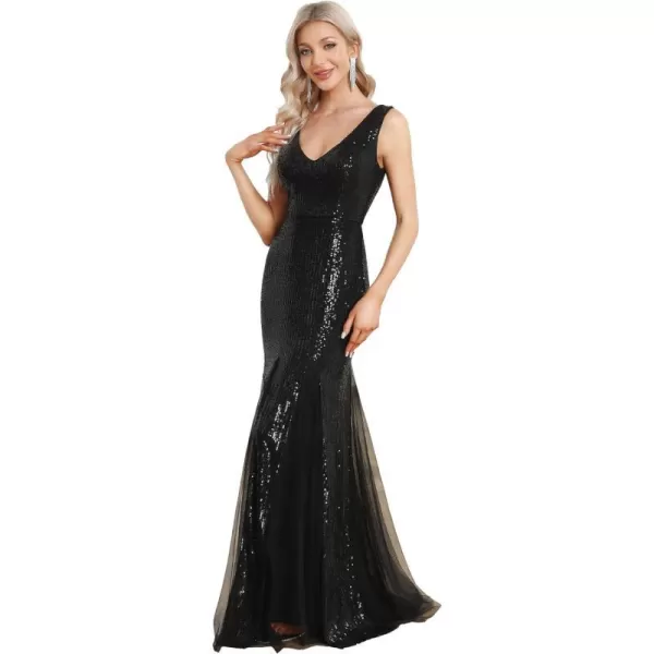 EverPretty Womens V Neck Sleeveless Sequin Maxi Mermaid Tulle Prom Dress 0188ABlack