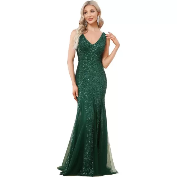 EverPretty Womens V Neck Sleeveless Sequin Maxi Mermaid Tulle Prom Dress 0188ADark Green