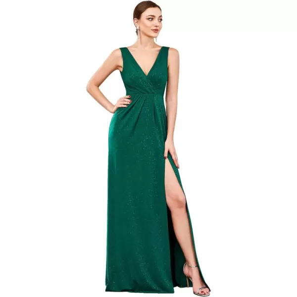 EverPretty Womens VNeck Glitter Dress Side Split Evening Dress 7505Dark Green