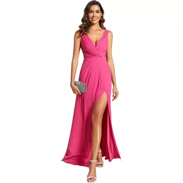 EverPretty Womens VNeck Glitter Dress Side Split Evening Dress 7505Hot Pink