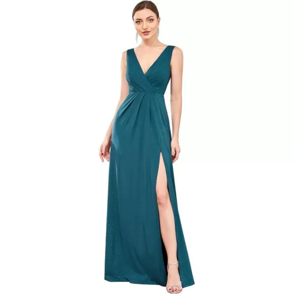 EverPretty Womens VNeck Glitter Dress Side Split Evening Dress 7505Teal