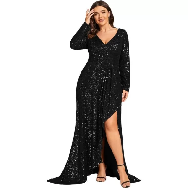 EverPretty Womens VNeck Sequin Long Sleeve Plus Size Formal Evening Dress 50146Black