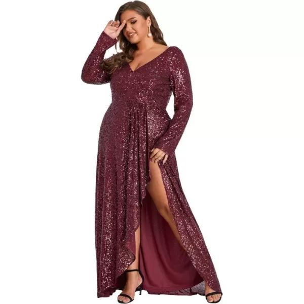 EverPretty Womens VNeck Sequin Long Sleeve Plus Size Formal Evening Dress 50146Burgundy