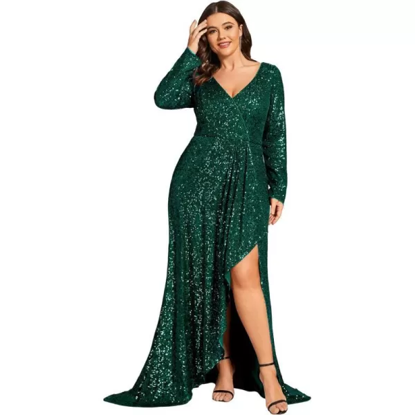 EverPretty Womens VNeck Sequin Long Sleeve Plus Size Formal Evening Dress 50146Dark Green