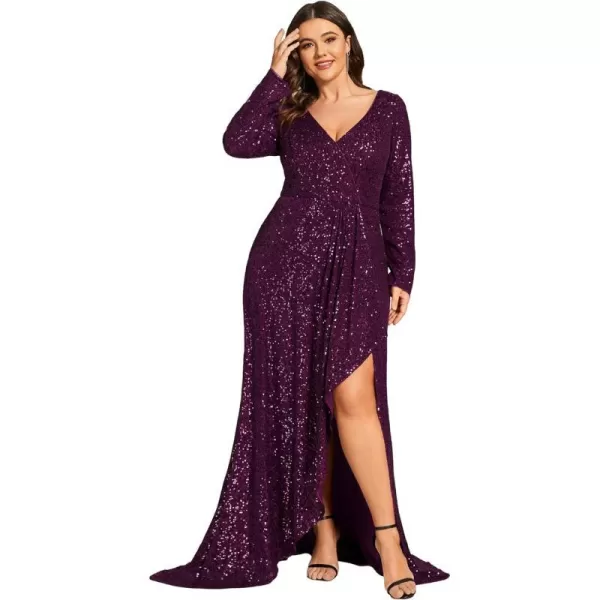 EverPretty Womens VNeck Sequin Long Sleeve Plus Size Formal Evening Dress 50146Deep Purple